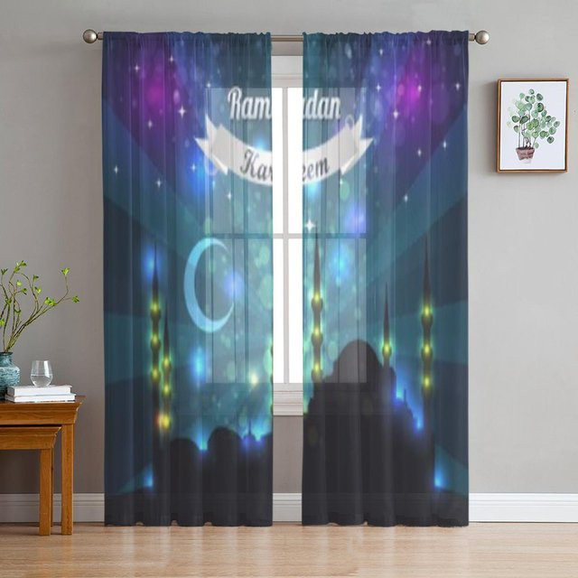 Super Six Ramadan Kareem Transparente Tüll Vorhänge aus Chiffon in Grau, Breite: 135 cm, Höhe: 114 cm - Bild 1