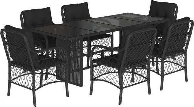 vidaXL 7-teilige Garten-Essgruppe aus Poly Rattan in Schwarz mit Kissen und Hartglas-Tischplatte - Bild 1