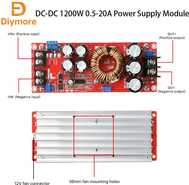 diymore DC-DC Boost Step-up Konverter 1200W Netzteil Konvertierungsmodul 8-60V auf 12-80V in Rot - Bild 1