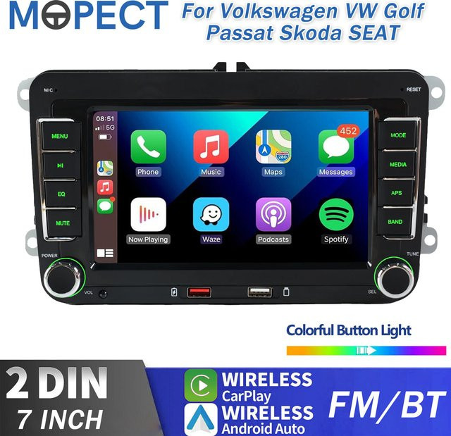 MOPECT 7-Zoll Doppel-DIN Autoradio mit CarPlay, Android Auto und Bluetooth in Schwarz für Volkswagen VW Golf Passat JETTA sowie Skoda und SEAT - Bild 1