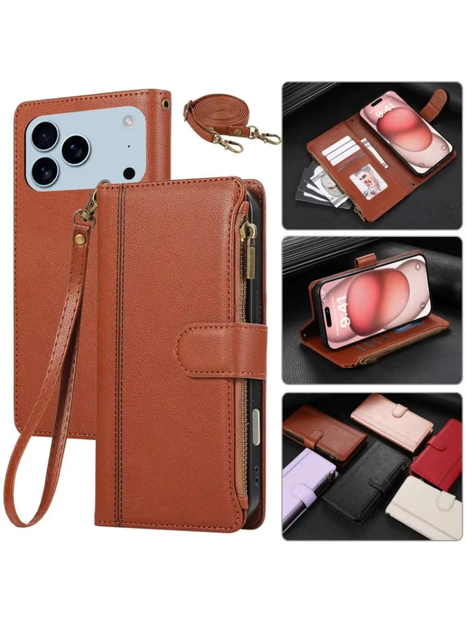 Leder Handyhülle mit Reißverschluss und Lanyard als Flip Wallet für iPhone, verfügbar in Schwarz und Braun - Bild 7