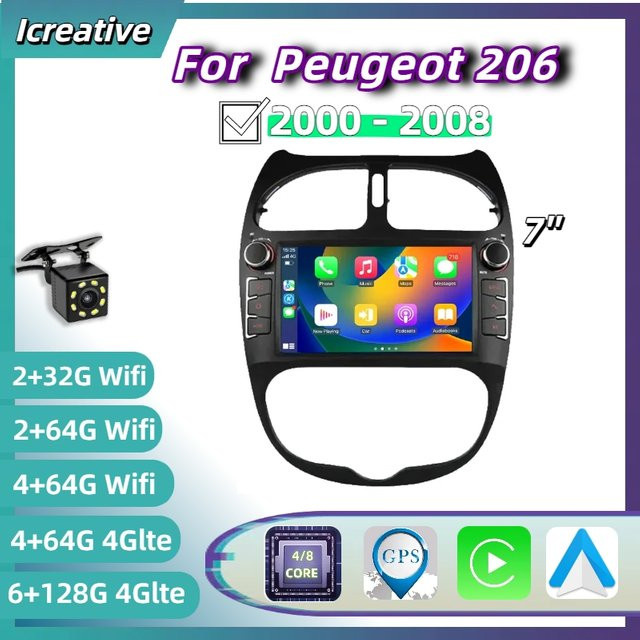 Icreative Android Autoradio mit 7 Zoll Bildschirm für Peugeot 206 206CC 206SW (2000 - 2008) mit Carplay, GPS und Navigation in Schwarz - Bild 1