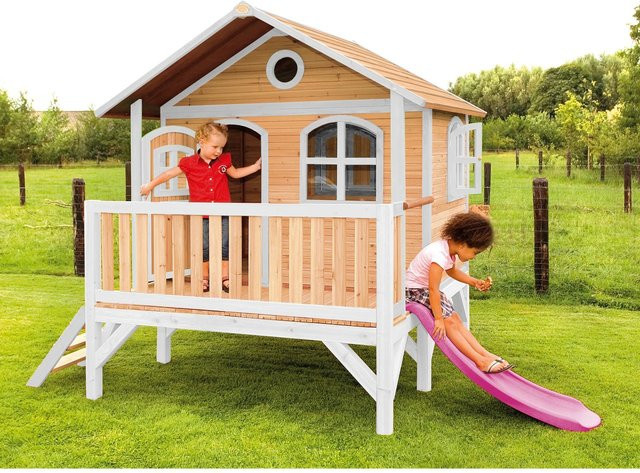Axi Spielturm Stef aus Holz in Braun, Weiß und Lila mit Rutsche, B/H/T: 349 x 233 x 212 cm - Bild 1