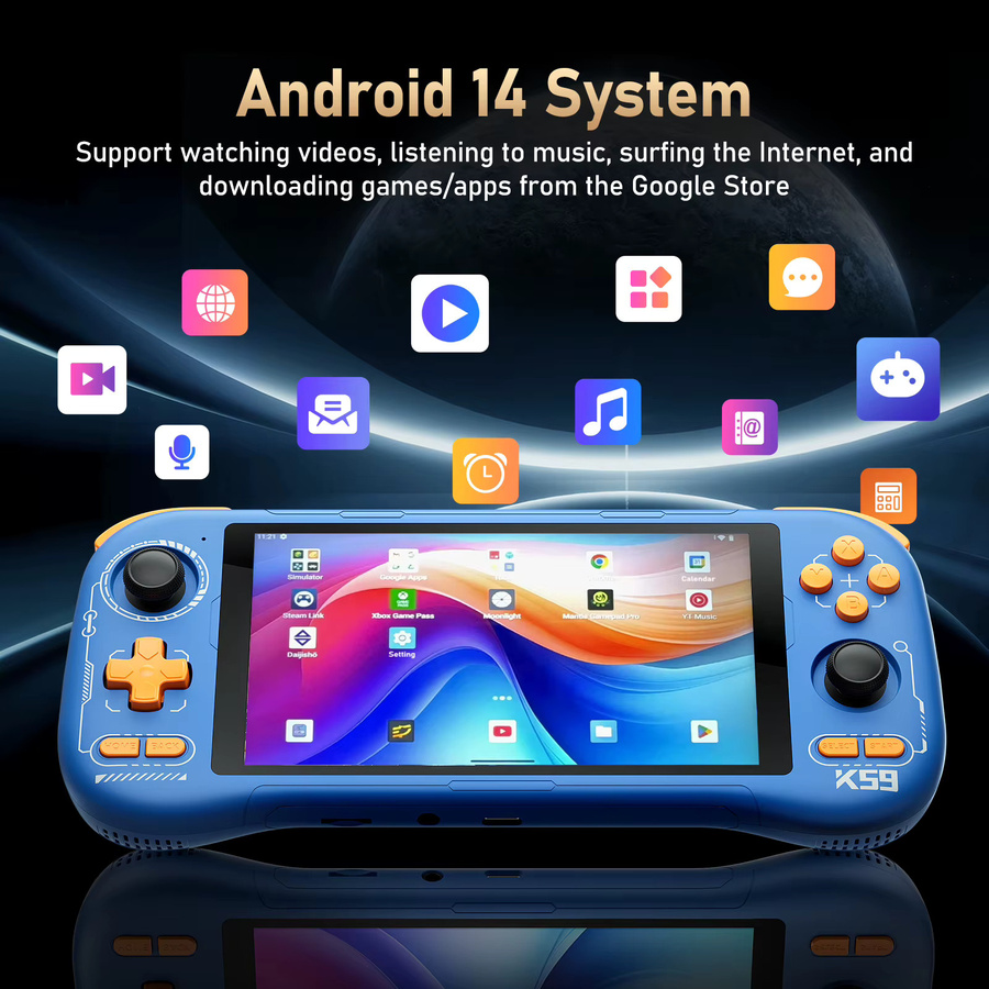 JSAMAZING K59 Pro Handheld-Spielkonsole mit Android 14, 5,5 Zoll Touchscreen, 5000mAh Akku und Kühlventilator in Blau - Bild 3