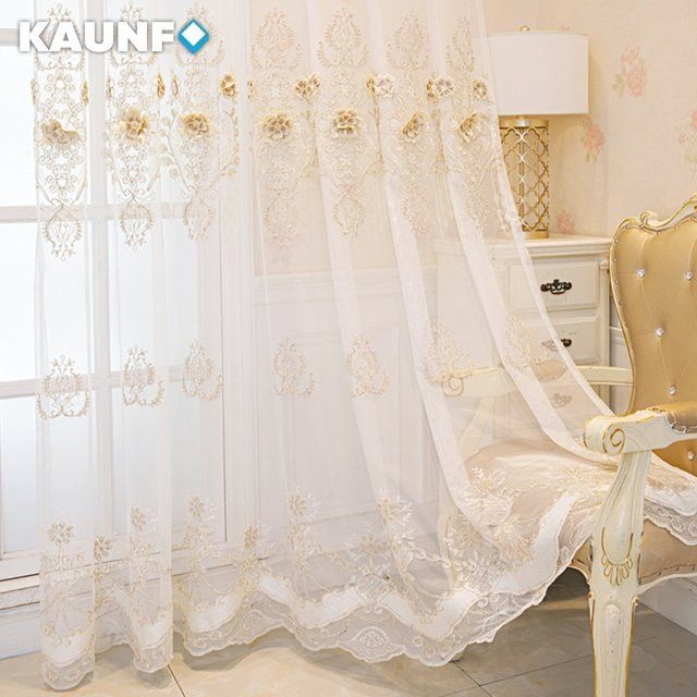 KAUNFO Weißer bestickter Tüll-Vorhang mit floralem Muster, transparent, Breite: 130 cm, Höhe: 100 cm - Bild 1