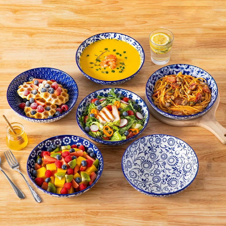 Vancasso 6-teiliges Set Keramik-Pastaschalen und Suppenteller aus Porzellan mit blau-weißem Blumenmuster - Bild 4