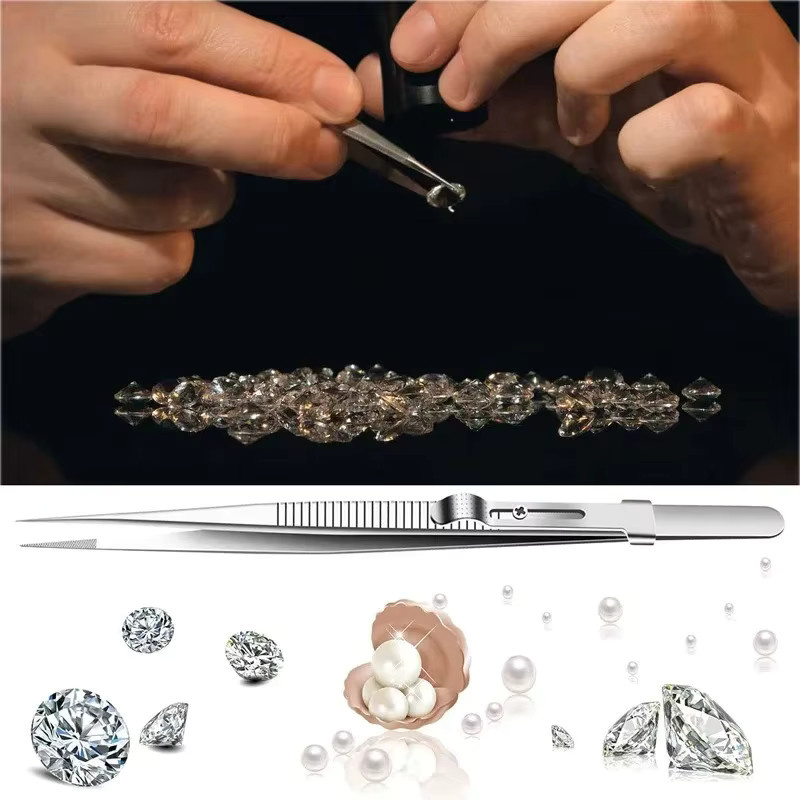Antistatische Edelstahl-Pinzette in Silber mit verstellbarem Verschluss für Präzisionsarbeiten bei Diamanten, Edelsteinen und der Schmuckherstellung - Bild 2
