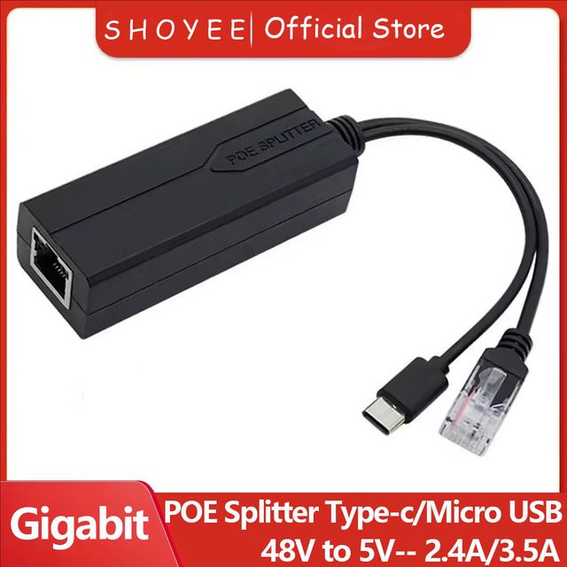 SHOYEE PoE-Splitter 48 V auf 5 V mit Micro-USB und USB-C, Gigabit 1000 Mbit/s PoE-Kamera-Injektor-Netzteil in Schwarz - Bild 1