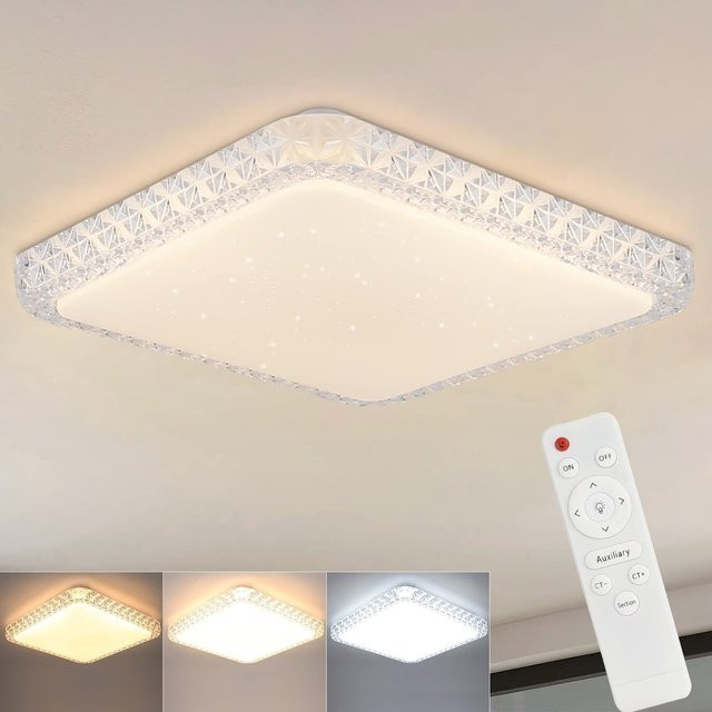 Cliheet LED-Deckenleuchte aus Kristall, Weiß, Quadratisch, 32W, Dimmbar mit Fernbedienung, Durchmesser: 30 cm - Bild 1