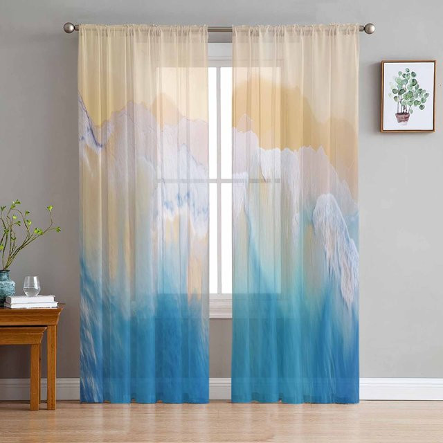 Super Six Chiffon-Fenstervorhang mit Ozean-Strand-Motiv in Weiß und Blau, transparentes Tüll-Paneel für Wohnzimmer und Schlafzimmer, Breite: 135 cm, Höhe: 114 cm - Bild 1