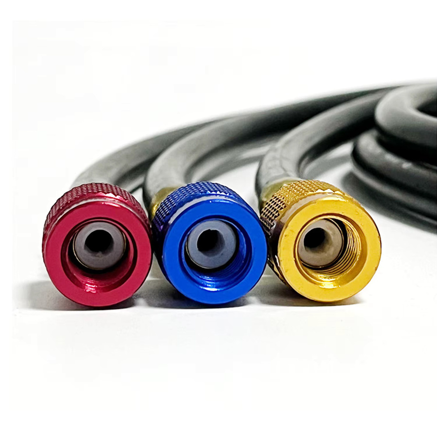 3er-Set Kältemittel-Ladeschläuche mit Kugelhähnen für R134a, R410a, R12, R22 und R502, 1/4 Zoll SAE, Mehrfarbig - Bild 5