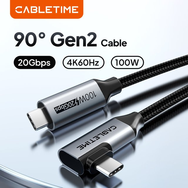 CABLETIME USB C auf USB C-Kabel in Schwarz mit USB 3.2 Gen 2 20 Gbit/s, 90 Grad Winkel, PD 100 W Schnellladung und 4K 60 Hz Videoübertragung für iPhone 16, MacBook Pro und iPad - Bild 1