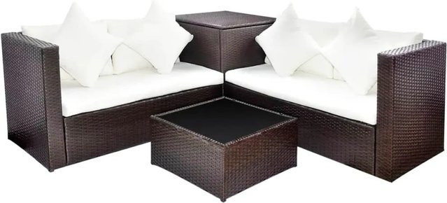 vidaXL 4-tlg Garten-Lounge-Set in L-Form aus Poly Rattan und Metall in Braun mit Auflagen und Couchtisch - Bild 1