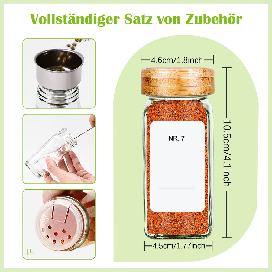 SAEIV Set mit 24 quadratischen Gewürzgläsern aus Glas, transparent, luftdicht und BPA-frei, 120 ml pro Behälter - Bild 2