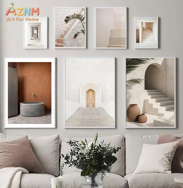 Kayou Minimalistisches Bohemian Architektur Kunstposter als abstrakter Öldruck auf Leinwand in Beige - Bild 1
