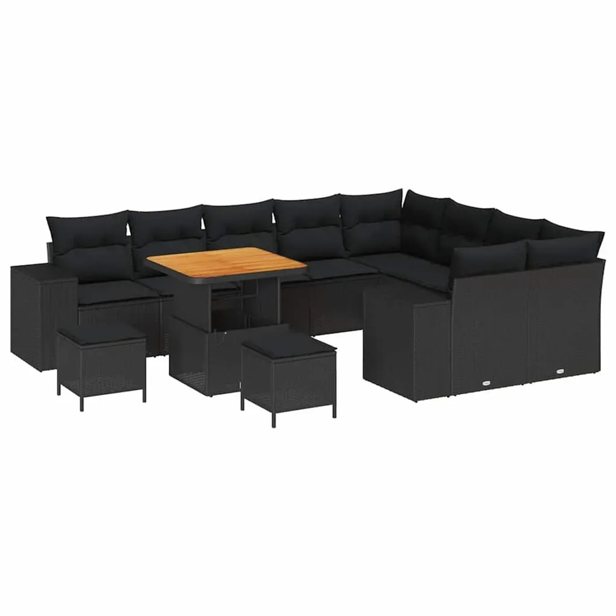 vidaXL Garten-Sofa-Set 12-teilig in Schwarz aus Poly-Rattan und Akazienholz mit Polstern in U-Form - Bild 2