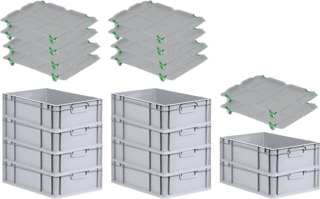PROREGAL SparSet 10x Eurobox NextGen Grip mit Auflagedeckel und 4 grünen Schiebeschnappverschlüssen, Grau, H x B x T: 17 x 40 x 60 cm, 34 Liter - Bild 1