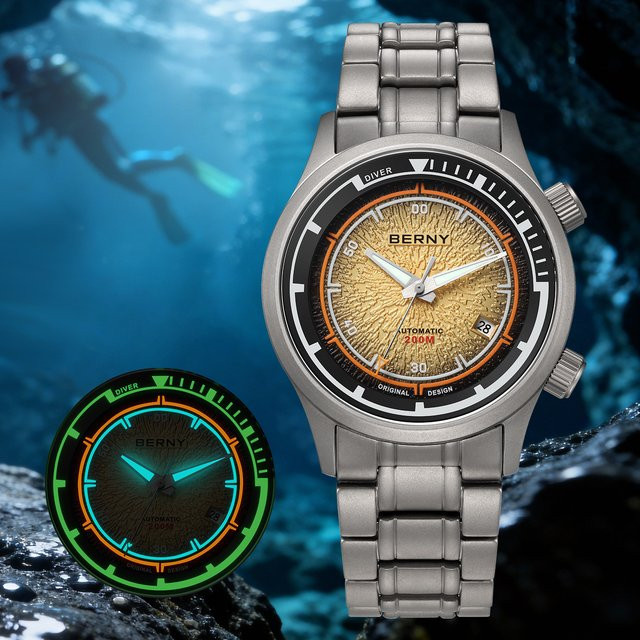 BERNY Taucheruhr, Titan, Automatik, 20 ATM, Herren, Schwarz, Silber - Bild 1