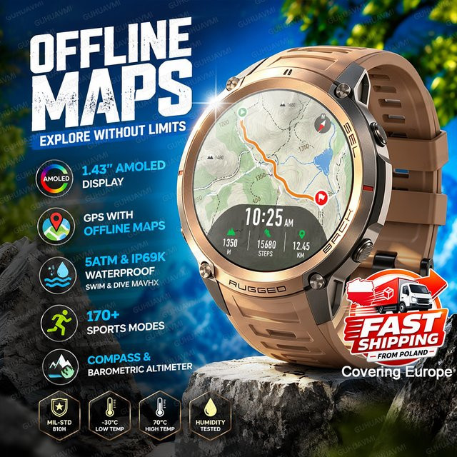 GUHUAVMI GPS-Navigations Smartwatch mit Offline-Karten, 1,43 Zoll AMOLED-Display, 5ATM wasserdichte Outdoor-Fitnessuhr für Männer, Schwarz - Bild 1