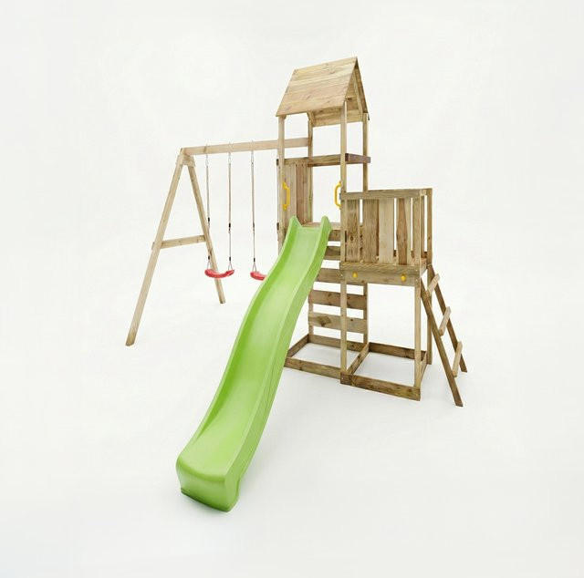 MaxPlay Holzklettergerüst mit zwei Spieltürmen, Doppelschaukel und Rutsche, mit Holzdach - Bild 1
