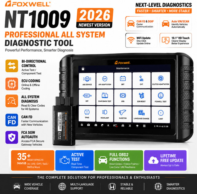 FOXWELL NT1009 OBD2 Scanner Autodiagnosegerät mit ECU-Codierung, bidirektionaler Steuerung und CAN FD FCA AutoAuth, Schwarz - Bild 1