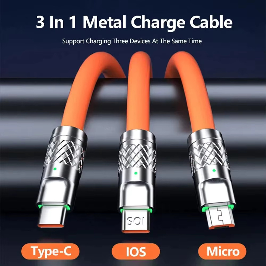 OIITH 3-in-1 Silikon-Ladekabel mit 120W Schnellladefunktion für USB-C, Micro-USB und Lightning in Grün und Orange - Bild 3