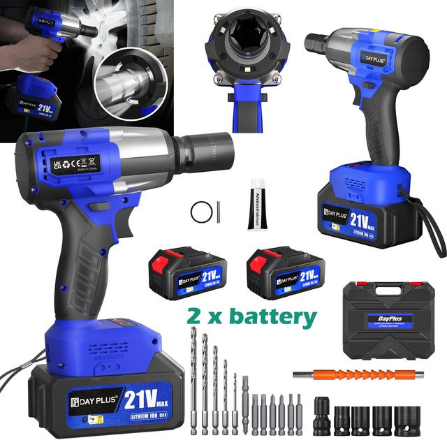 DayPlus 3-in-1 Akku-Schlagschrauber mit 1500 Nm Hochdrehmoment, bürstenlos, 1/2 Zoll, Blau, inklusive 4,0 Ah Akku und Zubehör-Set - Bild 1