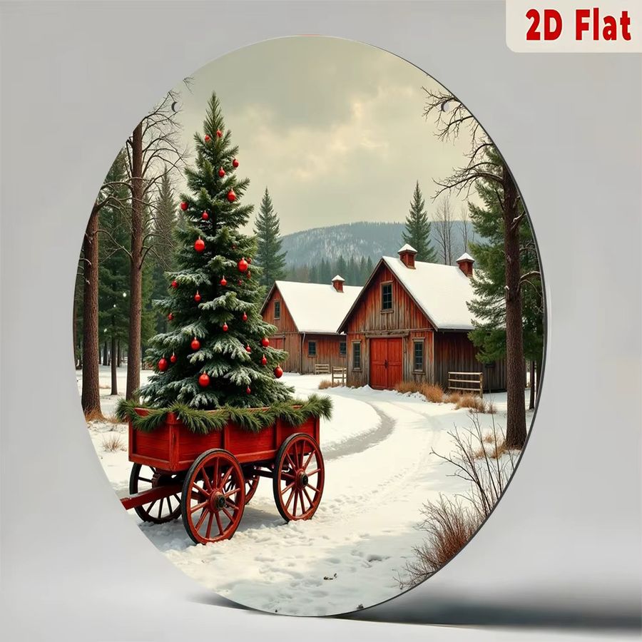 Potdemiel Vintage Metallwandkunst Aluminiumschild Rund Weihnachtsbaum im roten Wagen mit verschneiter Winterszene - Bild 5