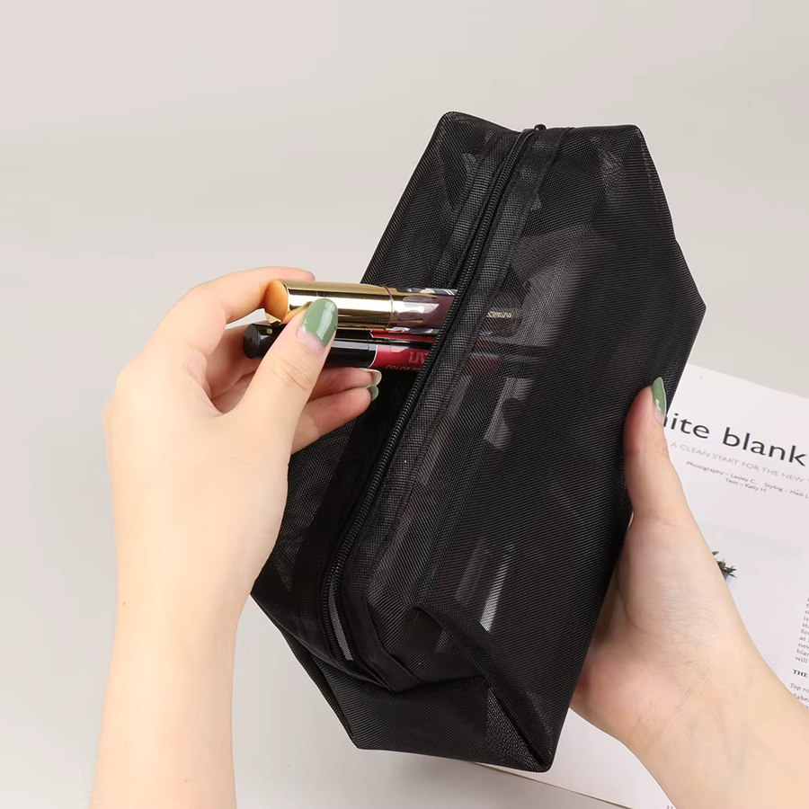 Schwarze Kosmetiktasche aus transparentem Netzstoff im 3er-Set als Organizer für Make-up und Zubehör - Bild 2