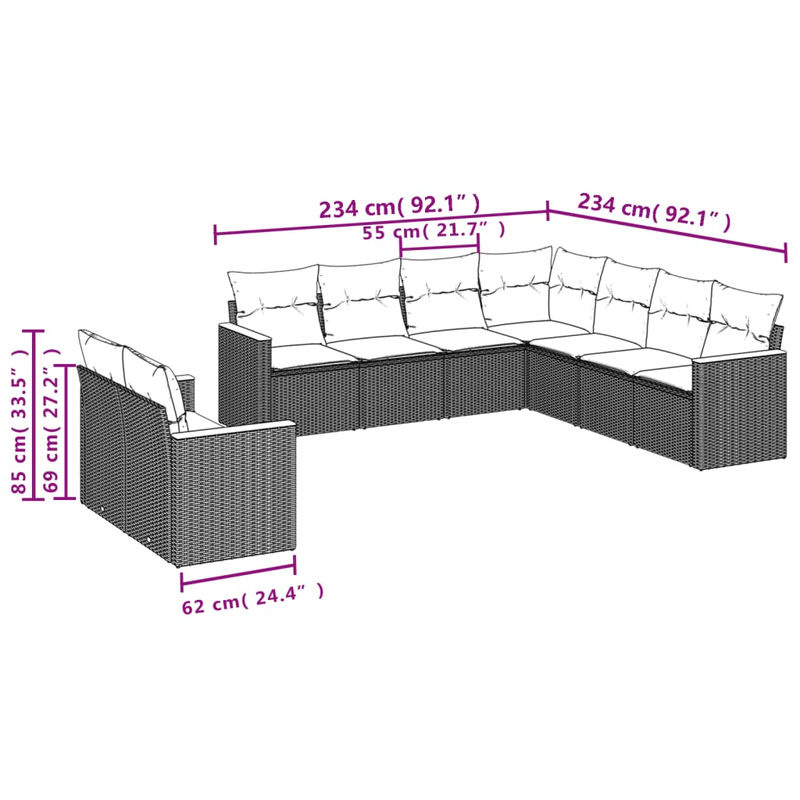 Vidaxl Gartenmöbel-Set mit 9 Teilen aus Polyrattan und Kissen, Beige, Modernes Design - Bild 3