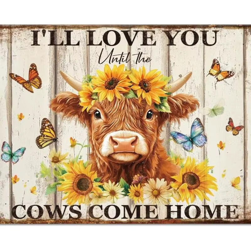 GLOBLELAND Highland-Kuh Metall-Blechschild im Vintage-Blumenmuster, Retro-Sonnenblumen-Wandposter, B/H: 20 x 14 cm, Mehrfarbig - Bild 2