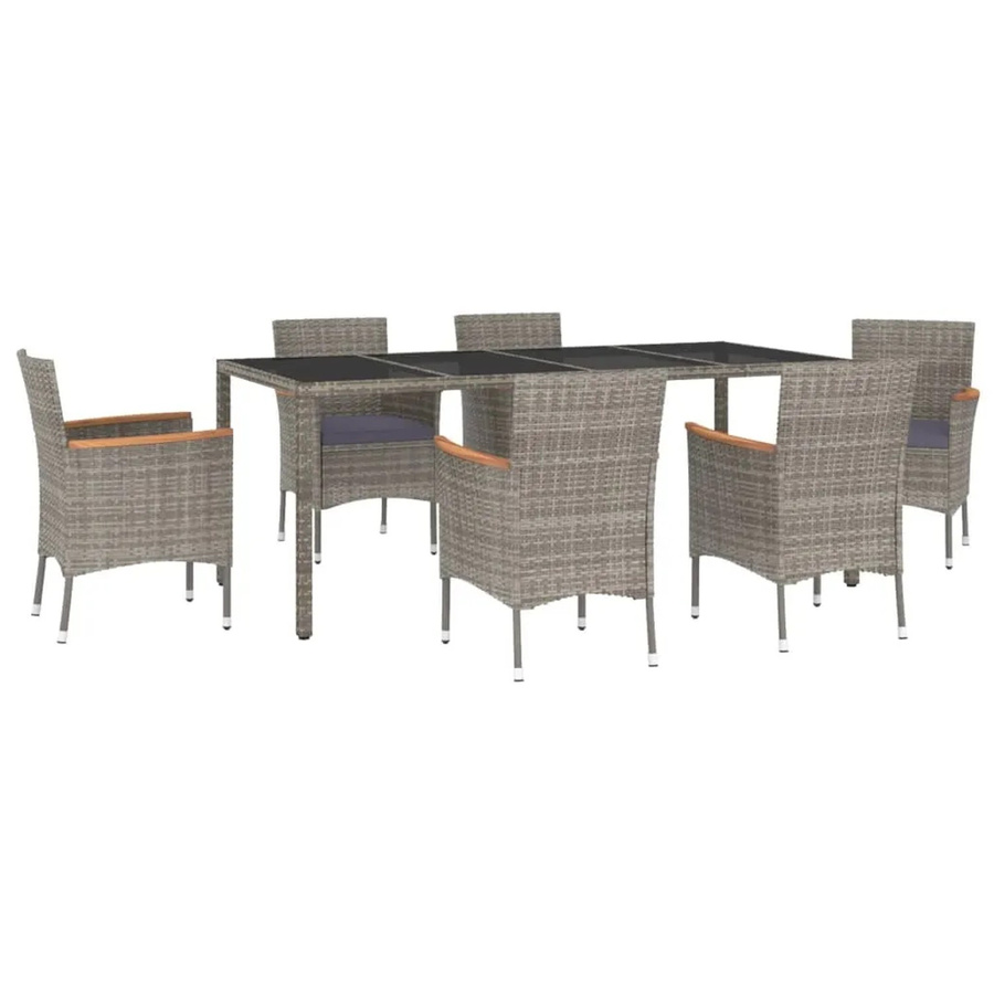vidaXL 7-tlg Garten-Essgruppe aus Poly Rattan und Akazienholz in Grau mit Kissen und Hartglas-Tischplatte - Bild 2