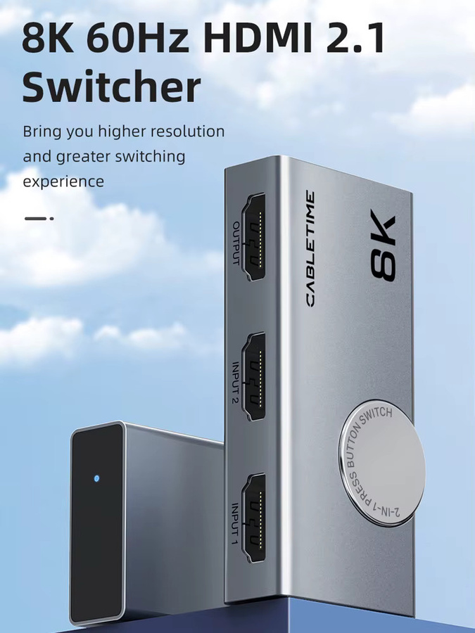 CABLETIME HDMI Splitter 2 in 1 Switcher mit 8K 60Hz und 4K 120Hz Unterstützung sowie 3D Vision in Aluminium-Design für Laptop und MacBook - Bild 5