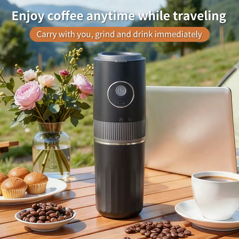 JFBONIN 2-in-1 Tragbare Kabellose Outdoor-Camping-Kaffeemaschine mit Kaffeebohnenmahlung und Handbrühfunktion in Schwarz - Bild 2