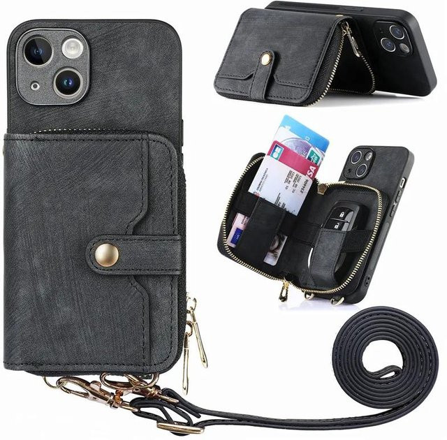 Leder Klapphülle mit Reißverschluss und Lanyard als Geldbörse und Kartenhalter für Xiaomi Redmi Note 14 Pro Plus 13 12 11 10 in Schwarz - Bild 1