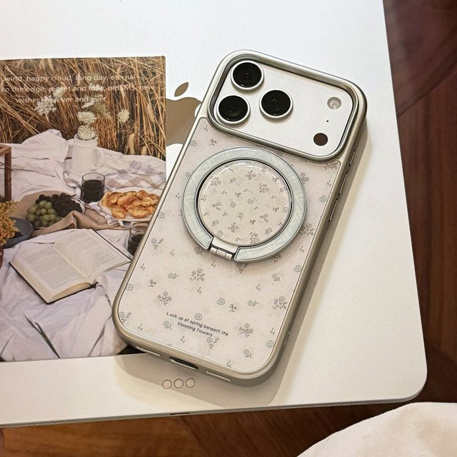 INS Frühlings-Handyhülle mit Blumenmuster und silbernem Rand inklusive magnetischem Halter, stoßfest, für iPhone 17 16 15 14 Pro Max, weiß/mehrfarbig/silber - Bild 1