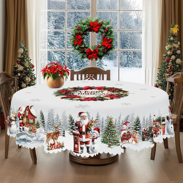 JINGYUE Pet Weihnachts-Tischdecke im Vintage-Bauernhaus-Stil mit Weihnachtsmann, Rentier und Weihnachtsbaum, weiß, B: 140 cm, T: 180 cm - Bild 1