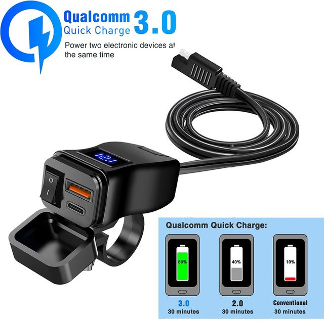 Dual USB Motorrad Ladegerät mit QC 3.0 Schnellladefunktion, digitalem Voltmeter und Schalter, wasserdicht, Schwarz - Bild 1