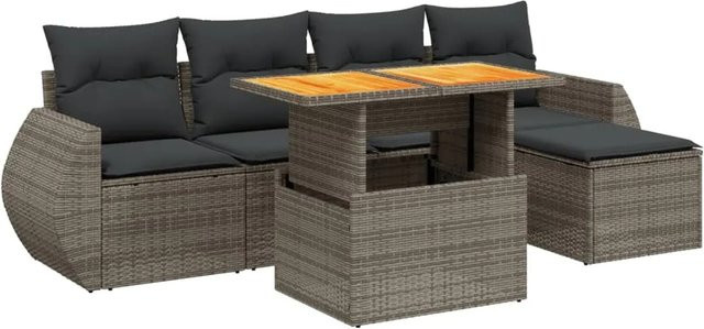 vidaXL 6-teilige Garten-Sofagarnitur in L-Form aus grauem Poly-Rattan mit Kissen und Acacia-Holztisch - Bild 1