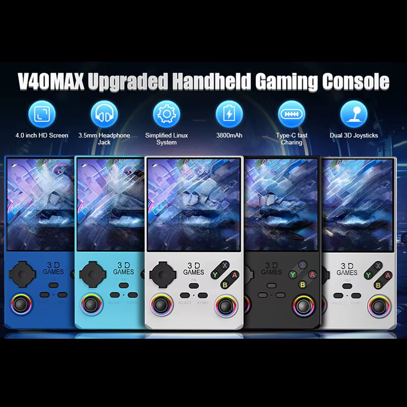 luxuglow V40 MAX Handheld-Spielekonsole in Blau mit 4-Zoll-IPS-Bildschirm, 4000 mAh Akku, Joystick, RGB-Lichteffekt und 256 GB Speicher für über 40000 Spiele - Bild 4