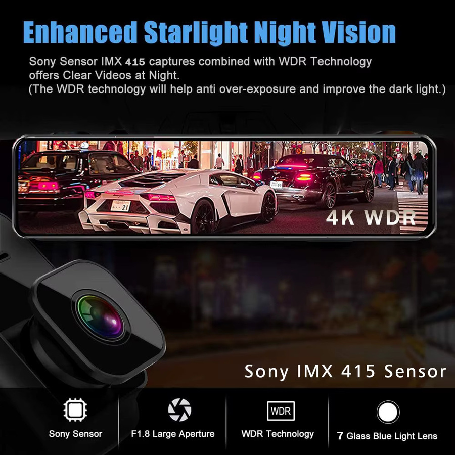 4K UHD Dash Cam Rückspiegel mit Dual Lens, GPS und WiFi, OLESED Bildschirm, Schwarz - Bild 3