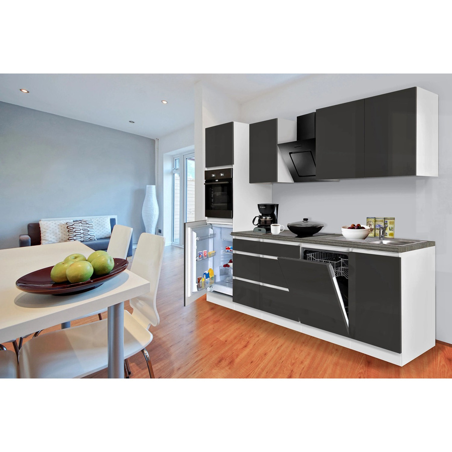 Respekta Premium Küchenzeile in Grau Hochglanz und Weiß, puristisch-modernes Design mit Soft-Close-Türen und internen Schubladen, Breite: 280 cm, Höhe: 220,5 cm, Tiefe: 55,5 cm - Bild 2