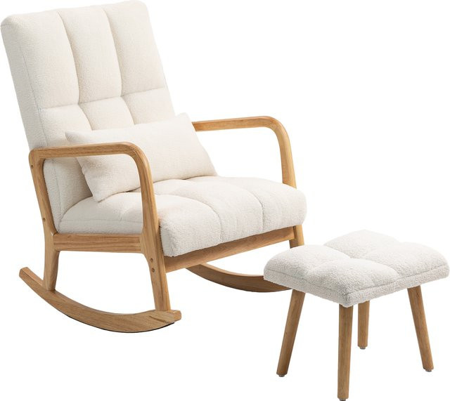 HOMCOM Schaukelstuhl mit Hocker in Weiß, gepolsterter Relaxsessel mit Fleece-Bezug, hoher Rückenlehne und Armlehnen, skandinavisches Design mit Holzkufen aus Gummholz - Bild 1