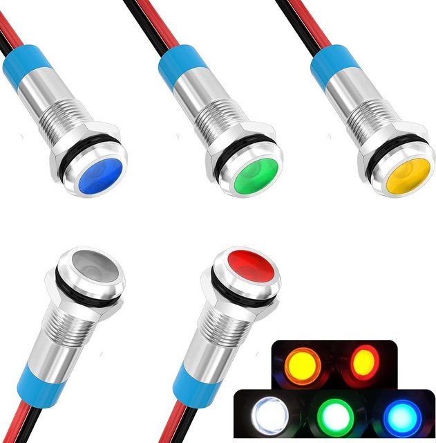 5 Stück AOKIN LED-Anzeigeleuchten RGB Multicolour, wasserdicht IP65, Metall-Kontrolllampe für AC/DC 12–24 V, 6 mm - Bild 1