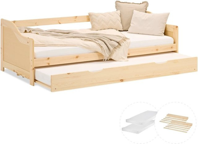 Homestyle4u Tagesbett mit Ausziehfunktion aus Kiefernholz in Natur, skandinavisch modern, inklusive Matratzen, B/T/H: 90 x 200 x 66 cm - Bild 1