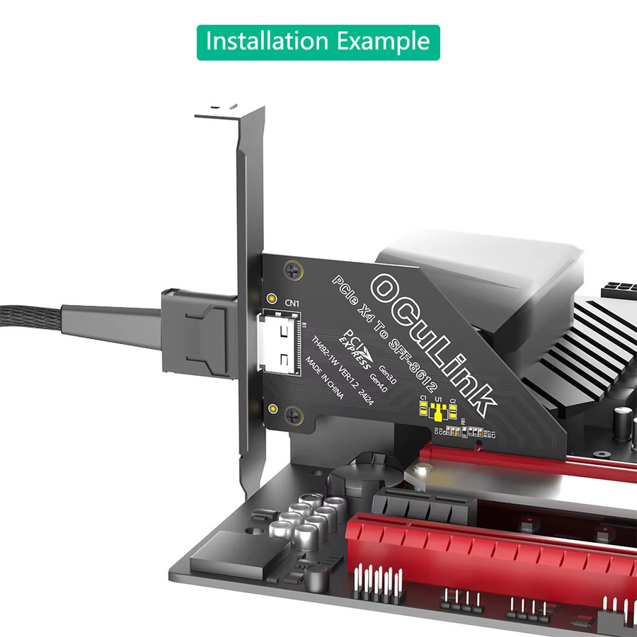 TISHRIC PCIe 4.0 X1 X4 zu Oculink SFF 8611/8612 Riser Adapterkarte für PCI Express 1X 4X zu PCI-E SSD Konvertierung mit langer Profilhalterung, Schwarz - Bild 3
