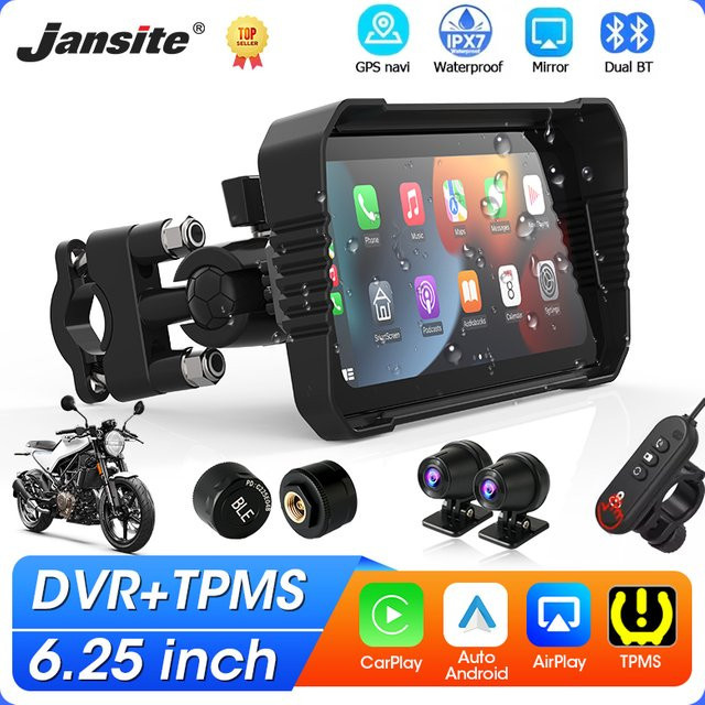 Jansite Motorrad GPS Navigation mit DVR Carplay Bildschirm, Dual Kameras und TPMS Unterstützung, IPX7 Wasserdicht, Schwarz, 6,25 Zoll - Bild 1
