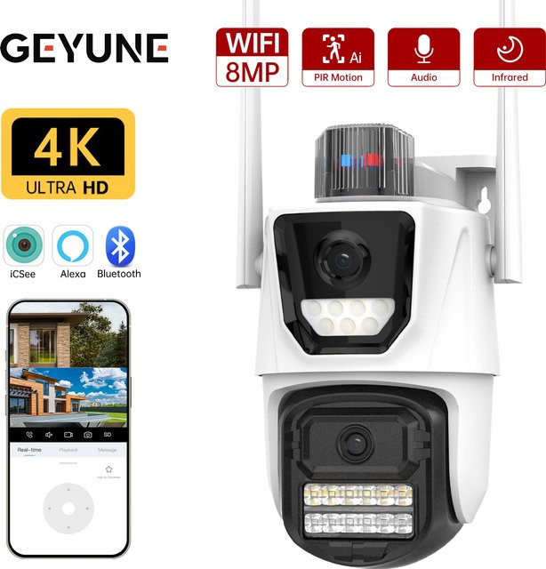 GEYUNE 8MP Dual Lens WIFI IP Kamera mit 4K HD Dual Screen, PTZ Sicherheit CCTV Kamera mit Auto Tracking und iCSee App, Weiß - Bild 1
