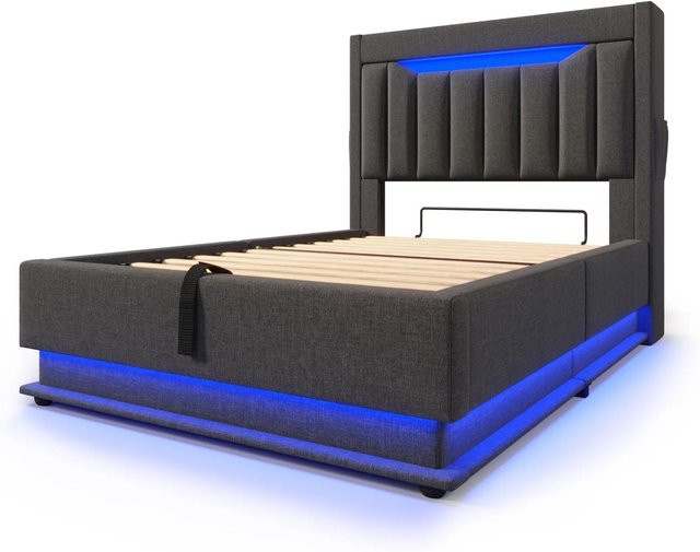Merax Polsterbett in Grau mit LED-Unterbettbeleuchtung, USB-C Ladeport und Stauraum, B/T/H: 90 x 200 x 112 cm - Bild 1