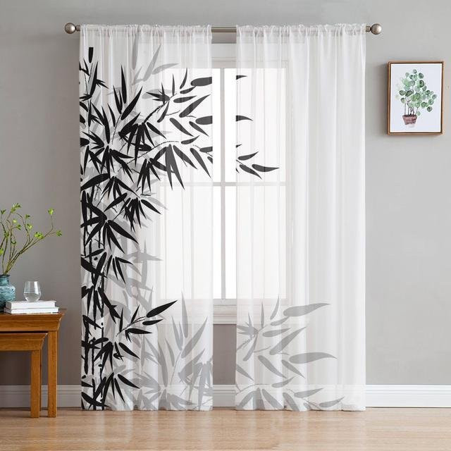 Transparenter Tüll-Vorhang mit grünem Bambusblatt-Design von A Family Of Home Textiles, Voile-Fensterdekoration für Wohnzimmer, Schlafzimmer und Küche, Farbe: Grün/Transparent/Weiß, Breite: 135 cm, Höhe: 274 cm - Bild 1